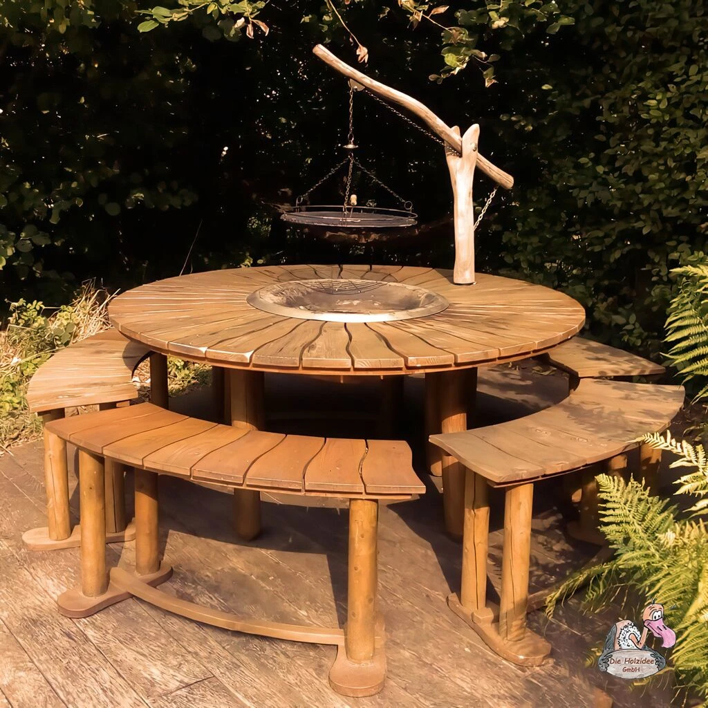 Garten-Sitzgruppe Mit Feuerschale Im Esstisch Und 5 Bänken - Sitzgruppe Camelot 3 Garten-Sitzgruppe Mit Feuerschale Im Esstisch Und 5 Bänken - Sitzgruppe Camelot