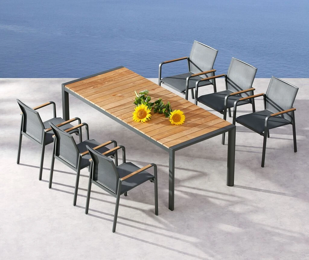 Große Alu 6er Sitzgruppe Mit Teakholzplatte In Anthrazit - Legar 4 Große Alu 6er Sitzgruppe Mit Teakholzplatte In Anthrazit - Legar – Bild 2