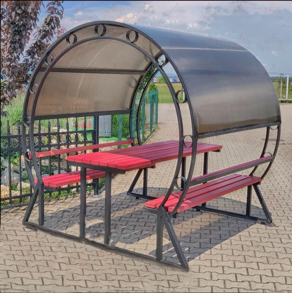 Runde Moderne Sitzgruppe Mit Dach Aus Metall Und Holz Für Außenanlagen - Ahir 3 Runde Moderne Sitzgruppe Mit Dach Aus Metall Und Holz Für Außenanlagen - Ahir