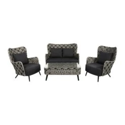 Schwarz-weiße Polyrattan Sitzgruppe Mit Tisch - Möbelset Fantur