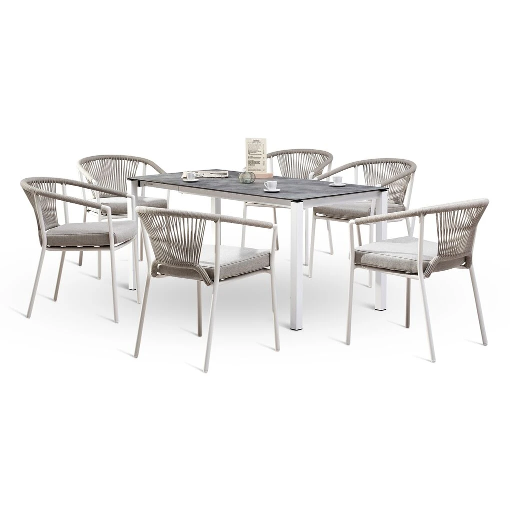 Weiße 6er Sitzgruppe Für Draußen Mit Auflagen Und Ausziehtisch - Hujo 3 Weiße 6er Sitzgruppe Für Draußen Mit Auflagen Und Ausziehtisch - Hujo